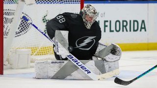 Goalie Andrei Vasilevskiy #88 of the Tampa Bay Lightning makes a save against the Dallas Stars during the third period at Amalie Arena on Feb. 27, 2021 in Tampa, Florida.