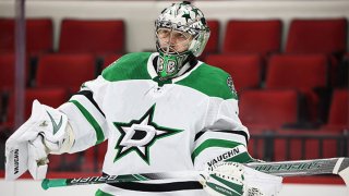 Anton Khudobin #35 of the Dallas Stars skates back toward the crease during an NHL game against the Carolina Hurricanes on Jan. 30, 2021 at PNC Arena in Raleigh, North Carolina.