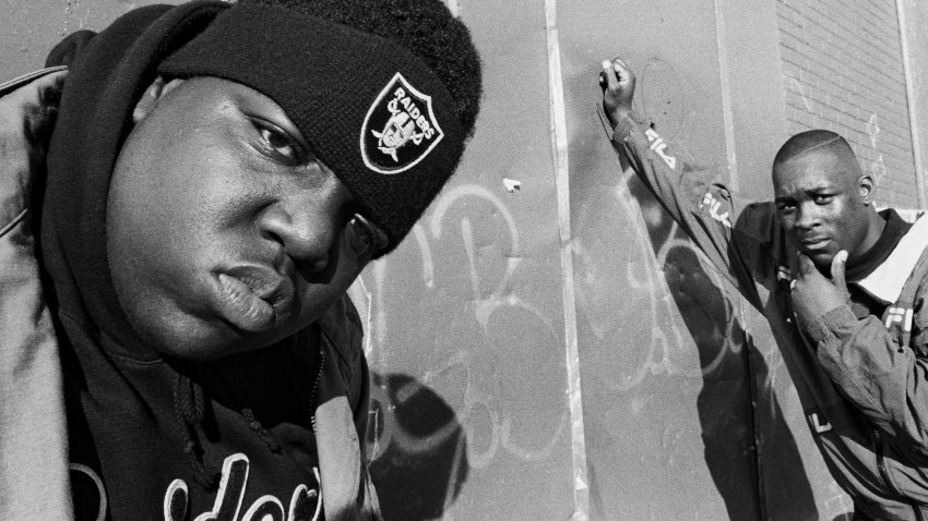 Production stills from Biggie: I Got a Story to Tell. Pictured: (L-R) Christopher Wallace (Biggie) with 50 Grand. c. George DuBose.