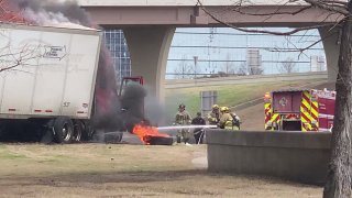 Three people was hospitalized in an accident involving an 18-wheeler and a vehicle on the Dallas North Tollway on Sunday, Feb. 28, 2021. (Courtesy/Dr. Paul Meggs)