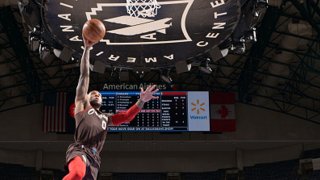 Damian Lillard #0 of the Portland Trail Blazers drives to the basket during the game against the Dallas Mavericks on Feb. 14, 2021 at the American Airlines Center in Dallas, Texas.