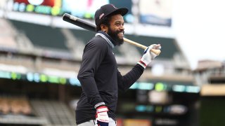 Delino DeShields #0 of the Cleveland Indians laughs prior to the game between the Cleveland Indians and the Minnesota Twins at Target Field on Saturday, Sept. 12, 2020 in Minneapolis, Minnesota.