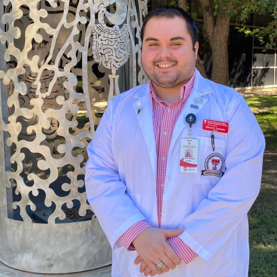 Second-year medical student, Marcus Gonzalez, is from Little Elm and is currently in the process of becoming a physician and earning his Masters of Business Administration at Texas Tech University Health Sciences Center. His goal is to practice emergency medicine in DFW. 