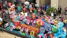 Float in a parade on Mardi Gras Day in downtown Mobile, Alabama.