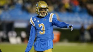 UCLA Bruins defensive back Rayshad Williams (3) points at the line judge to be onside during the college football game between the California Golden Bears and the UCLA Bruins on Nov. 30, 2019, at the Rose Bowl in Pasadena, California.