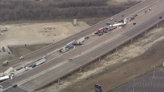 NBC 5's Texas Sky Ranger flew over the deadly vehicle pileup on I-35W in Fort Worth. Video shows multiple crashes along the highway and rescue efforts by fire and police.