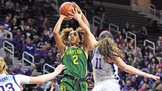 DiDi Richards #2 of the Baylor Lady Bears puts up a shot against Peyton Williams #11 of the Kansas State Wildcats during the first quarter on Feb. 8, 2020 at Bramlage Coliseum in Manhattan, Kansas.
