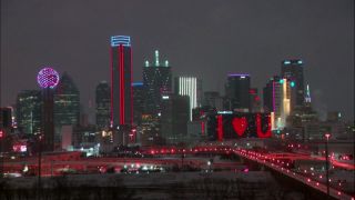 The Dallas skyline lit up in 2021 to celebrate Valentine's Day.