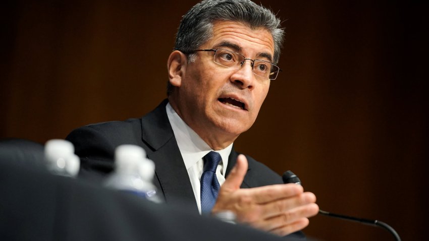 Xavier Becerra, nominee for Secretary of Health and Human Services, answers questions during his Senate Finance Committee nomination hearing on Capitol Hill in Washington, DC, February 24, 2021.