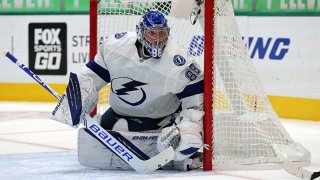 Andrei Vasilevskiy #88 of the Tampa Bay Lightning in goal against the Dallas Stars in the second period at American Airlines Center on March 2, 2021 in Dallas, Texas.