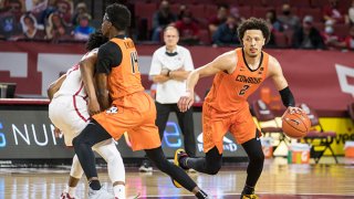 Oklahoma State Cowboys guard Cade Cunningham (2) brings the ball up court during the second half against the Oklahoma Sooners on Feb. 27, 2021 at Lloyd Noble Center in Norman Oklahoma.