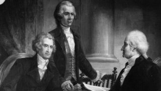 Black and white painting of Thomas Jefferson, Alexander Hamilton and George Washington