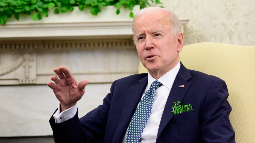 U.S. President Joe Biden speaks while meeting virtually with Micheal Martin, Ireland's prime minister, not pictured, in the Oval Office of the White House in Washington, D.C., U.S., on Wednesday, March 17, 2021. House Republicans voted to allow their members to request dedicated-spending projects, known as earmarks, following that same move by Democrats, in a positive sign for Biden's hopes for a bipartisan infrastructure bill.