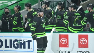 Joe Pavelski #16 and the Dallas Stars celebrate a goal against the Columbus Blue Jackets at the American Airlines Center on March 6, 2021 in Dallas, Texas.