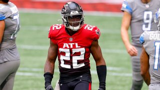 Keanu Neal #22 of the Atlanta Falcons reacts after making a tackle against the Detroit Lions during the first half at Mercedes-Benz Stadium on Oct. 25, 2020 in Atlanta, Georgia.