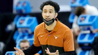 Head coach Shaka Smart of the Texas Longhorns looks on during the first half against the Abilene Christian Wildcats in the first round game of the 2021 NCAA Men's Basketball Tournament at Lucas Oil Stadium on March 20, 2021 in Indianapolis, Indiana.