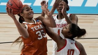 Texas's Charli Collier shoots over Maryland's Angel Reese during the second half of an NCAA college basketball game in the Sweet 16 round of the Women's NCAA tournament Sunday, March 28, 2021, at the Alamodome in San Antonio.
