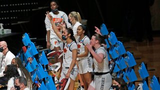 Oklahoma State players cheer from the bench during the first half of a game against Wake Forest in the first round of the women's NCAA tournament at the Greehey Arena in San Antonio, Texas, March 21, 2021.