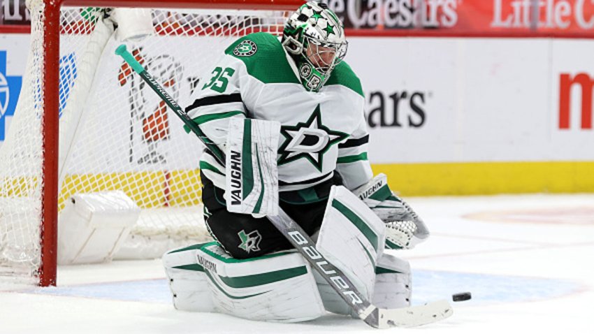 Dallas Stars goalie Anton Khudobin (35) makes a stop during the first period of the National Hockey League game between the Dallas Stars and Detroit Red Wings on March 20, 2021 at Little Caesars Arena in Detroit, Michigan.