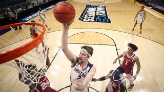 Drew Timme #2 of the Gonzaga Bulldogs shoots against the Oklahoma Sooners in the second round game of the 2021 NCAA Men's Basketball Tournament at Hinkle Fieldhouse on March 22, 2021 in Indianapolis, Indiana.