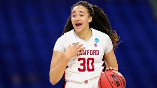 Haley Jones #30 of the Stanford Cardinals controls the ball against the Utah Valley Wolverines during the second half in the first round game of the 2021 NCAA Women's Basketball Tournament at the Alamodome on March 21, 2021 in San Antonio, Texas.