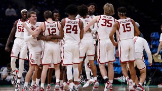 The Oklahoma Sooners celebrate after defeating the Missouri Tigers in the first round game of the 2021 NCAA Men's Basketball Tournament at Lucas Oil Stadium on March 20, 2021 in Indianapolis, Indiana.