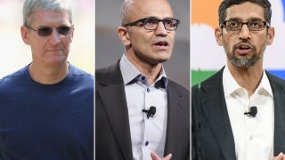 Tim Cook, CEO of Apple (L), Satya Nadella, CEO of Microsoft (C) and Sundar Pichai, CEO of Google.