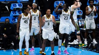 Picture of Baylor players celebrating their win against Houston in Final Four Match.