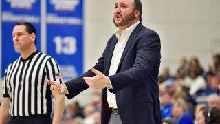 Former Texas-Arlington head coach Chris Ogden talks to his players during the second half of the Georgia State Panthers game versus the Mavericks on January 26, 2019, at Georgia State Sports Arena in Atlanta, GA.