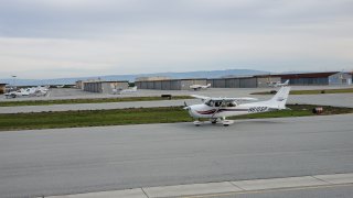 A small plane taxis towards the runway at San Carlos Airport (SQL), a municipal airport in the Silicon Valley, San Carlos, California, January 19, 2020.