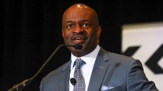 MIAMI BEACH, FL - JANUARY 30: DeMaurice Smith the Executive Director of the National Football League Players Association speaks during the NFLPA press conference on January 30, 2020 at the Miami Beach Convention Center in Miami Beack, FL.