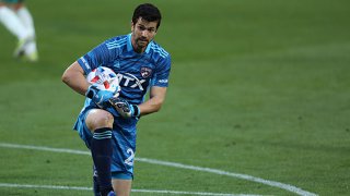 Goalkeeper #20 Jimmy Maurer of FC Dallas reacts during his first game of the 2021 MLS season at Toyota Stadium on April 17, 2021 in Frisco, Texas.