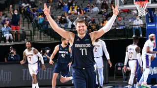 Luka Doncic #77 of the Dallas Mavericks celebrates during the game against the Los Angeles Lakers on April 24, 2021 at the American Airlines Center in Dallas, Texas.