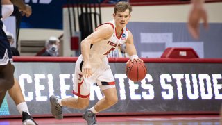 Mac McClung #0 of the Texas Tech Red Raiders during the first round of the 2021 NCAA Division I Mens Basketball Tournament against Utah State Aggies held at Simon Skjodt Assembly Hall on March 19, 2021 in Bloomington, Indiana.