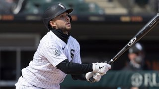 FILE: Nick Madrigal #42 of the Chicago White Sox bat against the Cleveland Indians as Major League Baseball celebrated Jackie Robinson Day on April 15, 2021 at Guaranteed Rate Field in Chicago, Illinois.