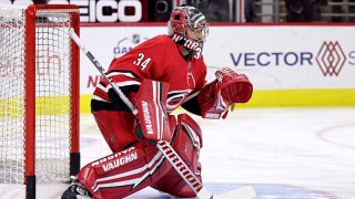 Petr Mrazek #34 of the Carolina Hurricanes makes his return to the crease during warmups prior to an NHL game against the Dallas Stars on April 4, 2021 at PNC Arena in Raleigh, North Carolina. This marks his first game since January 30th after having surgery to repair his right thumb.