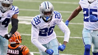 Rashard Robinson #28 of the Dallas Cowboys reacts in the third quarter against the Cincinnati Bengals at Paul Brown Stadium on Dec. 13, 2020 in Cincinnati, Ohio.