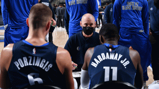 Head Coach Rick Carlisle of the Dallas Mavericks talks with the team during the game against the Golden State Warriors on Feb. 6, 2021 at the American Airlines Center in Dallas, Texas.