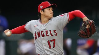 Shohei Ohtani #17 of the Los Angeles Angels throws against the Texas Rangers in the first inning at Globe Life Field on April 26, 2021 in Arlington, Texas.