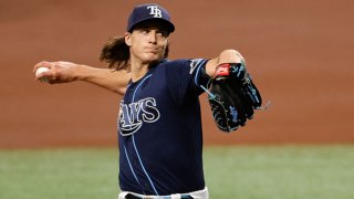 Tyler Glasnow #20 of the Tampa Bay Rays throws a pitch during the first inning against the Texas Rangers at Tropicana Field on April 12, 2021 in St Petersburg, Florida.