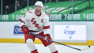 Jordan Staal #11 of the Carolina Hurricanes skates against the Dallas Stars at the American Airlines Center on April 27, 2021 in Dallas, Texas.