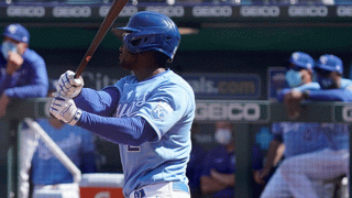 Michael A. Taylor #2 of the Kansas City Royals hits a RBI single in the sixth inning against the Texas Rangers at Kauffman Stadium on April 3, 2021 in Kansas City, Missouri.