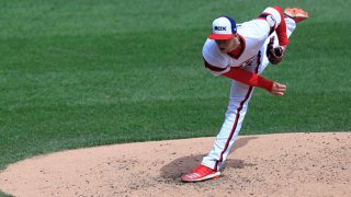 Michael Kopech #34 of the Chicago White Sox throws a pitch during the second inning in the game against the Texas Rangers at Guaranteed Rate Field on April 25, 2021 in Chicago, Illinois.