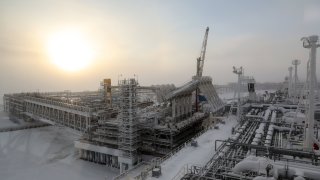 The Arctic tanker Christophe de Margerie operated by Sovcomflot loading liquefied natural gas at the Yamal LNG plant in the port of Sabetta by the western coast of the Gulf of Ob, the Kara Sea.