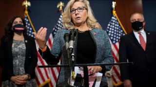 Republican Conference Chair Liz Cheney, R-Wyo., speaks during a news conference following a House Republican caucus meeting in Washington on Tuesday, April 20, 2021.