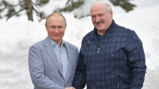 Russian President Vladimir Putin (L) shakes hands with Belarus President Alexander Lukashenko