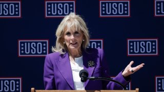 First lady Jill Biden speaks to military spouses during a visit at Patio, Family Advocacy Center, Army Community Services Annex in Colorado Springs, Colo., Thursday, May 6, 2021.