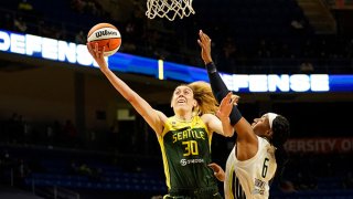 Breanna Stewart #30 of the Seattle Storm drives to the basket during the game against the Dallas Wings on May 22, 2021 at College Park Center in Arlington, Texas.