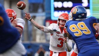 Eric Schmid #3 of the Sam Houston State Bearkats throws against the South Dakota State Jackrabbits in the fourth quarter during the 2021 NCAA Division I Football Championship at Toyota Stadium on May 16, 2021 in Frisco, Texas.