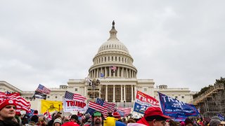 A large group of pro-Trump protesters raise signs and flags on the grounds of the Capitol Building on January 6, 2021 in Washington, DC. A pro-Trump mob stormed the Capitol earlier, breaking windows and clashing with police officers. Trump supporters gathered in the nation's capital today to protest the ratification of President-elect Joe Biden's Electoral College victory over President Trump in the 2020 election.